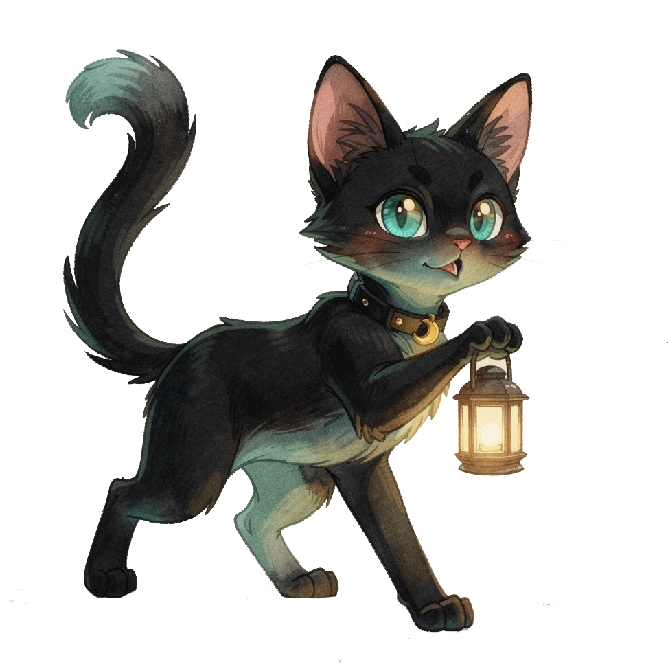 Midnight the cat carrying a lantern