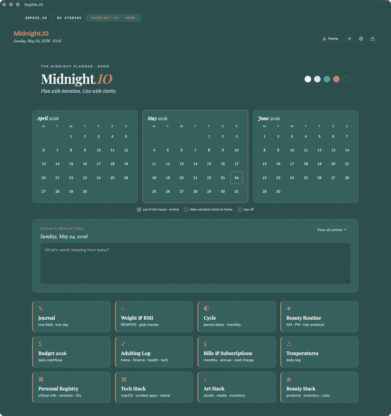 Midnight IO — Sophie's personal life OS app